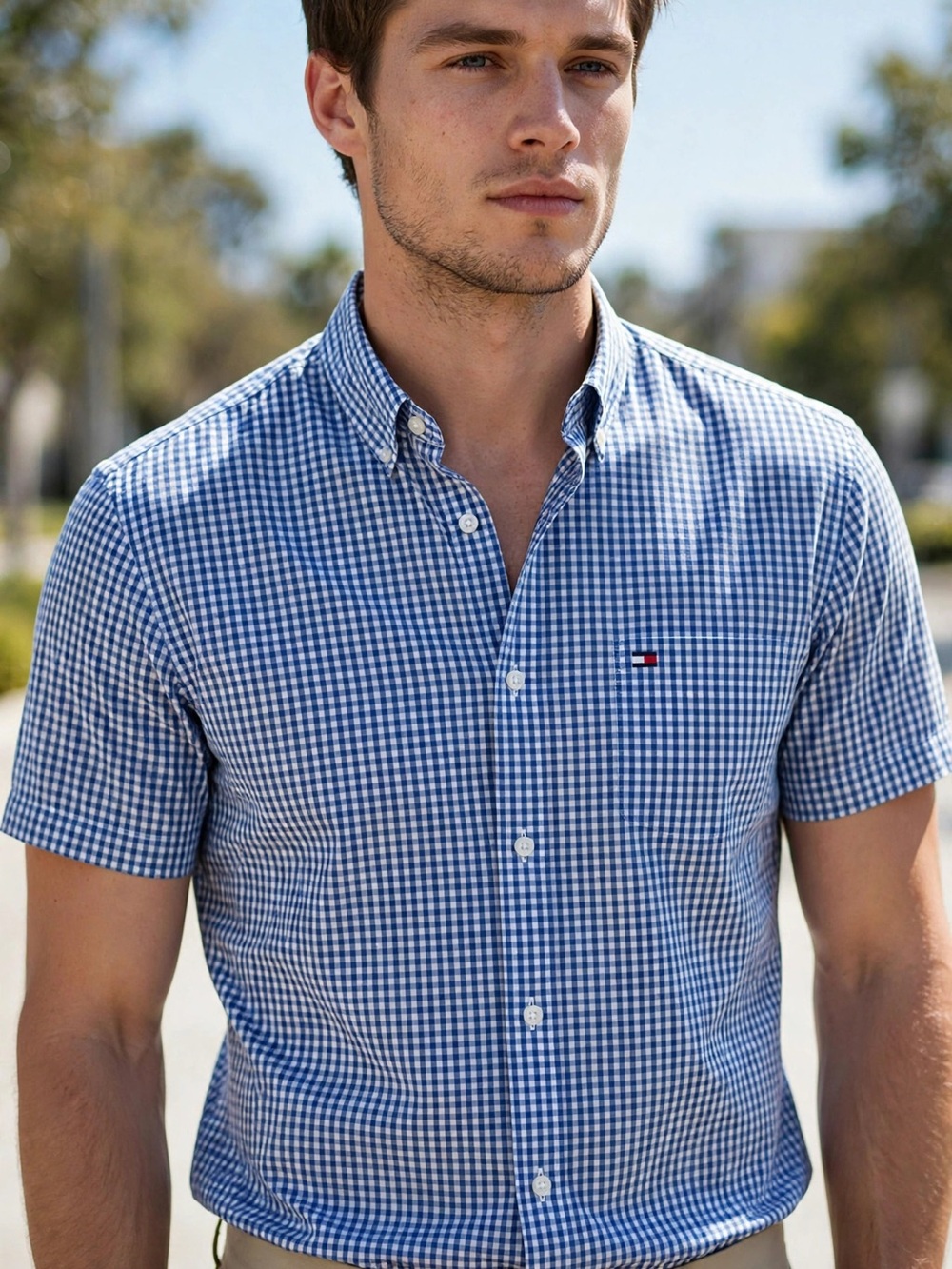 Tommy Hilfiger Blue and White Gingham Short-Sleeve Button-Down Shirt